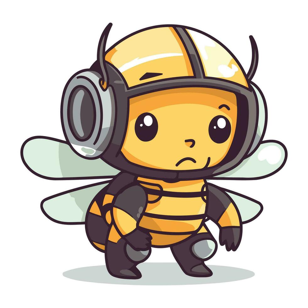 Bee cartoon character vector illustration. Cute little bee with headphones.