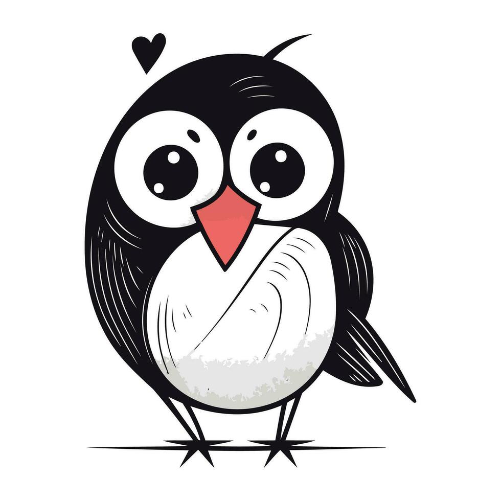 Cute black bird with big eyes and heart. Vector illustration.