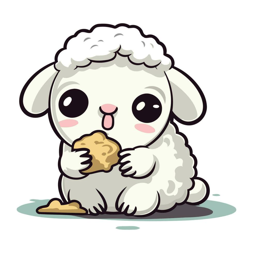 Cute white sheep eating bread isolated on white background. Vector illustration.