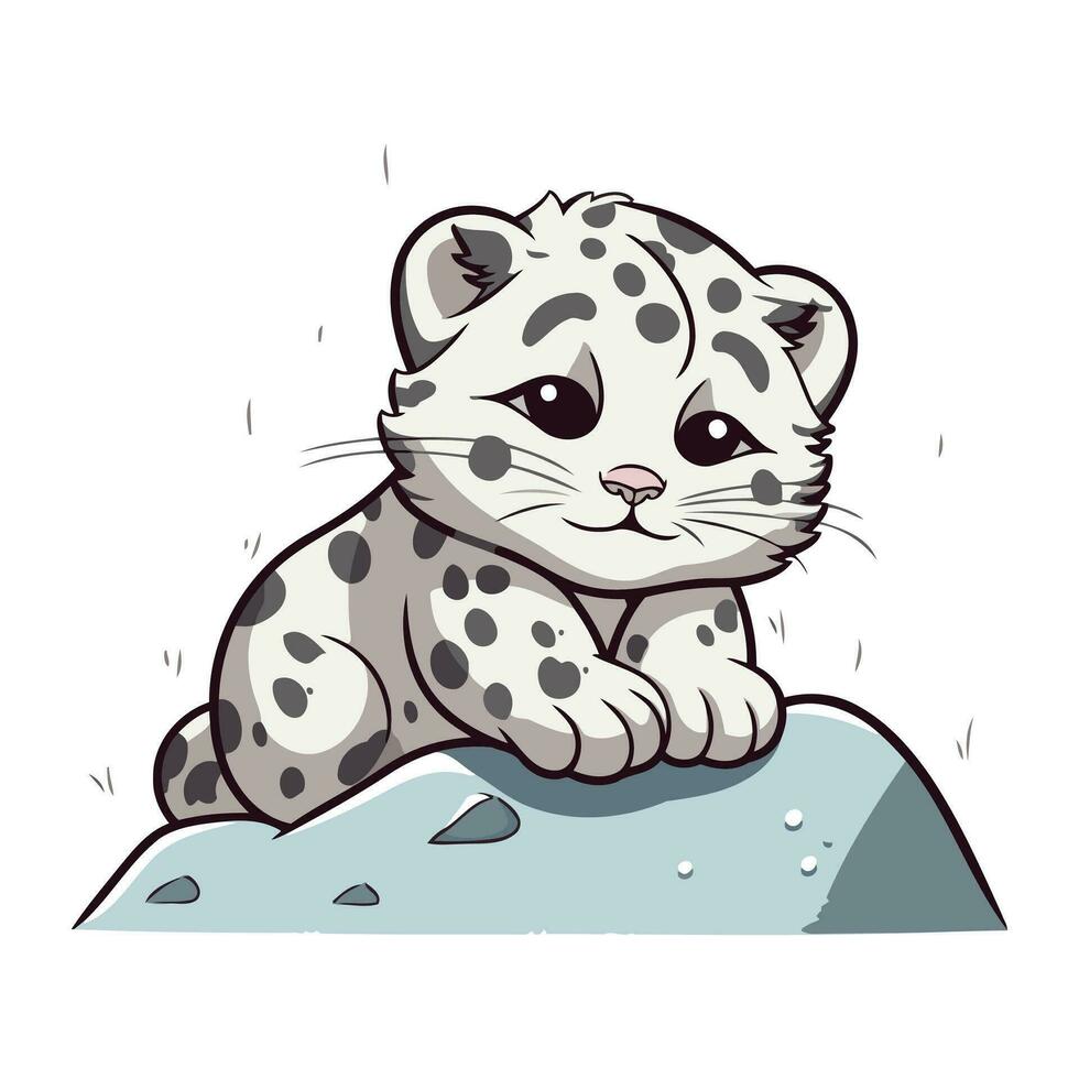 Cute snow leopard sitting on the rock. Vector illustration.