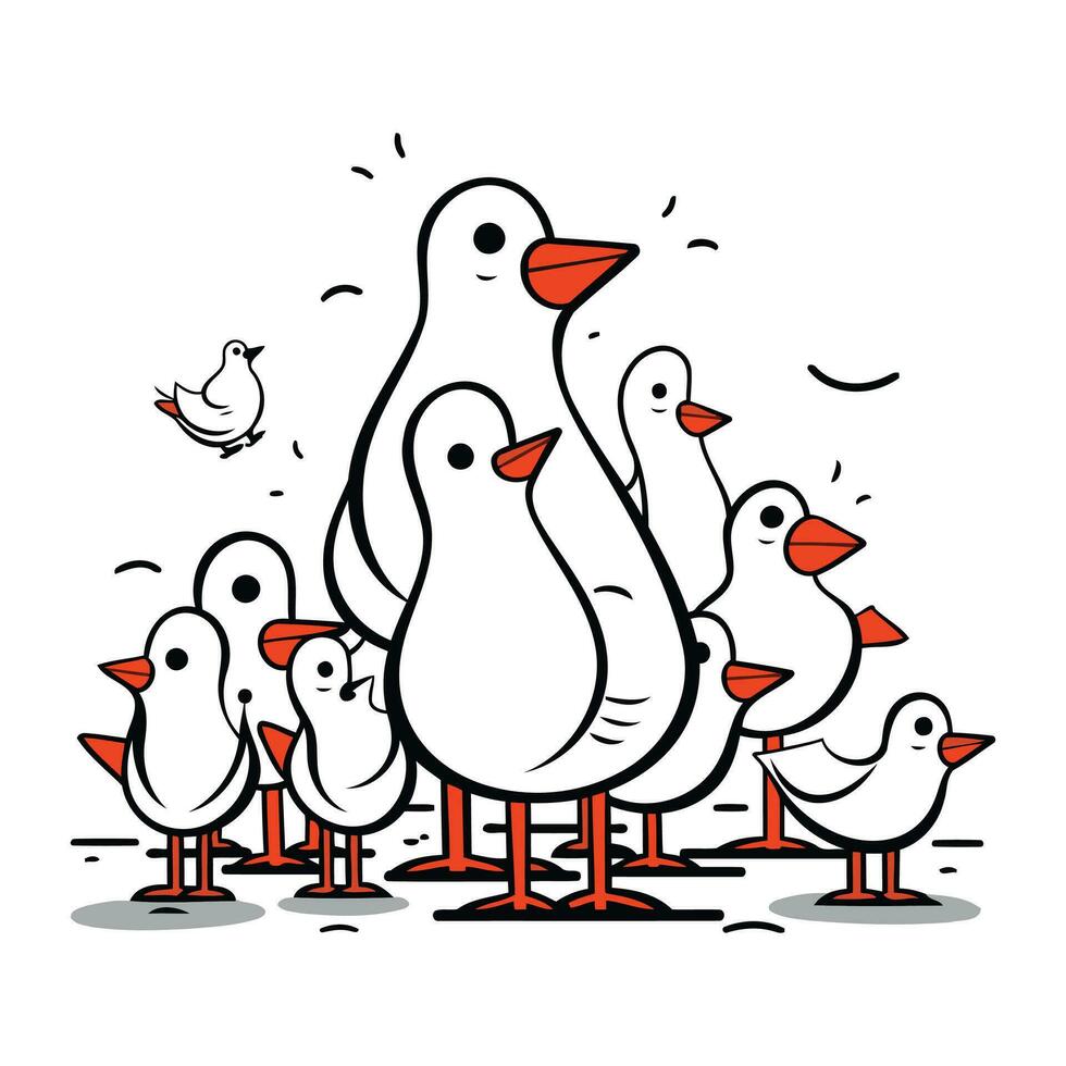 Duckling family. Vector illustration of a flock of birds.