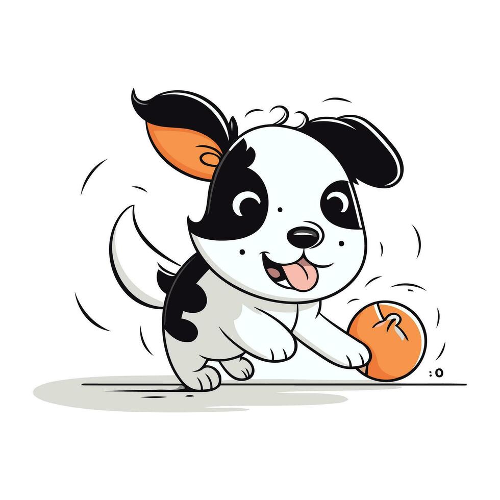 Cartoon dog playing with an orange. Vector illustration on white background.