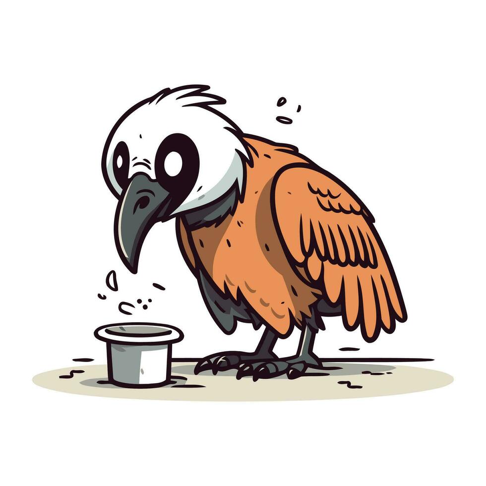 Vector illustration of a vulture eating food from a bucket. Cartoon style.