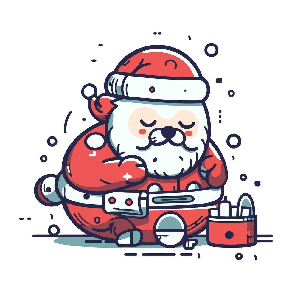 Cute Santa Claus with a bag of gifts. Vector illustration.