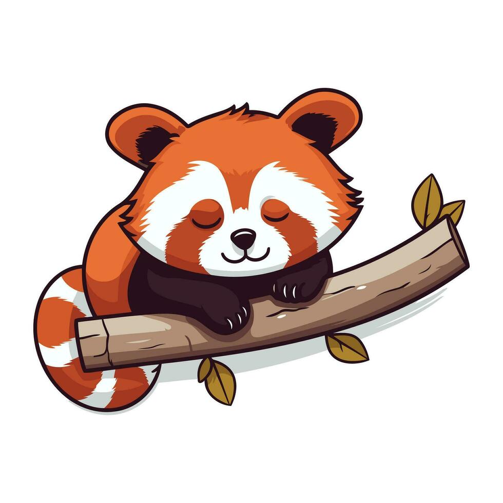 Cute red panda sleeping on a branch. Vector illustration.