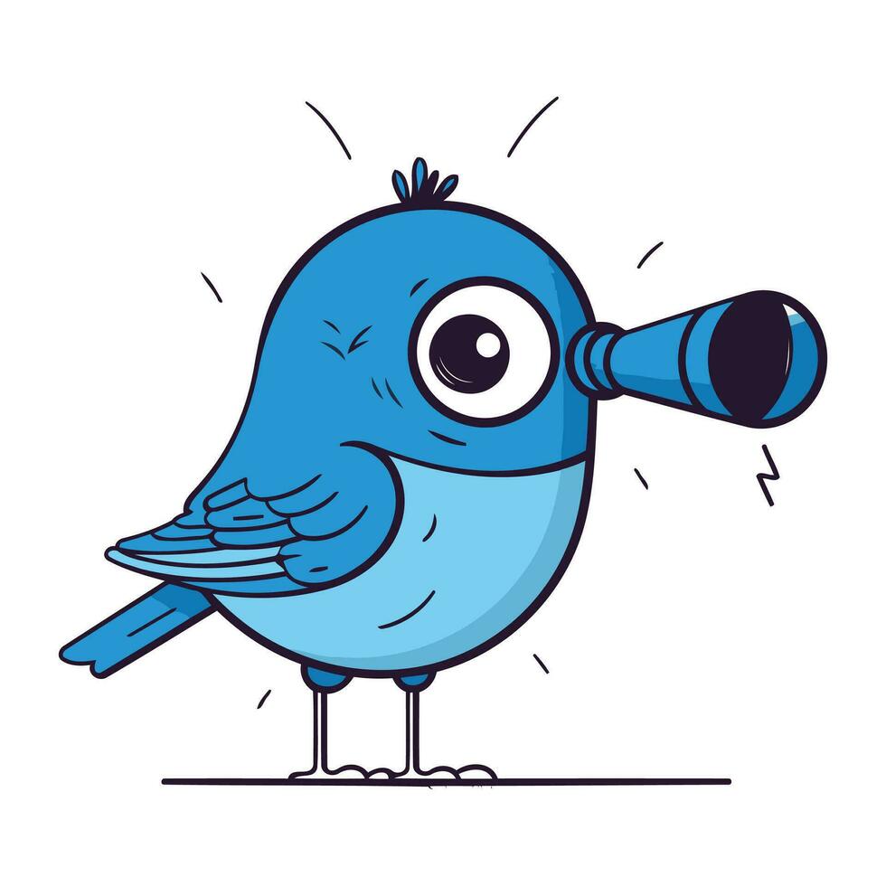 Blue bird with a spyglass. Vector illustration in cartoon style.