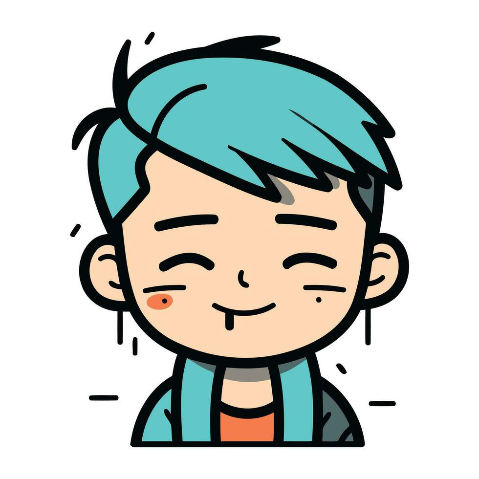 Vector illustration of a smiling boy with blue hair and blue eyes.