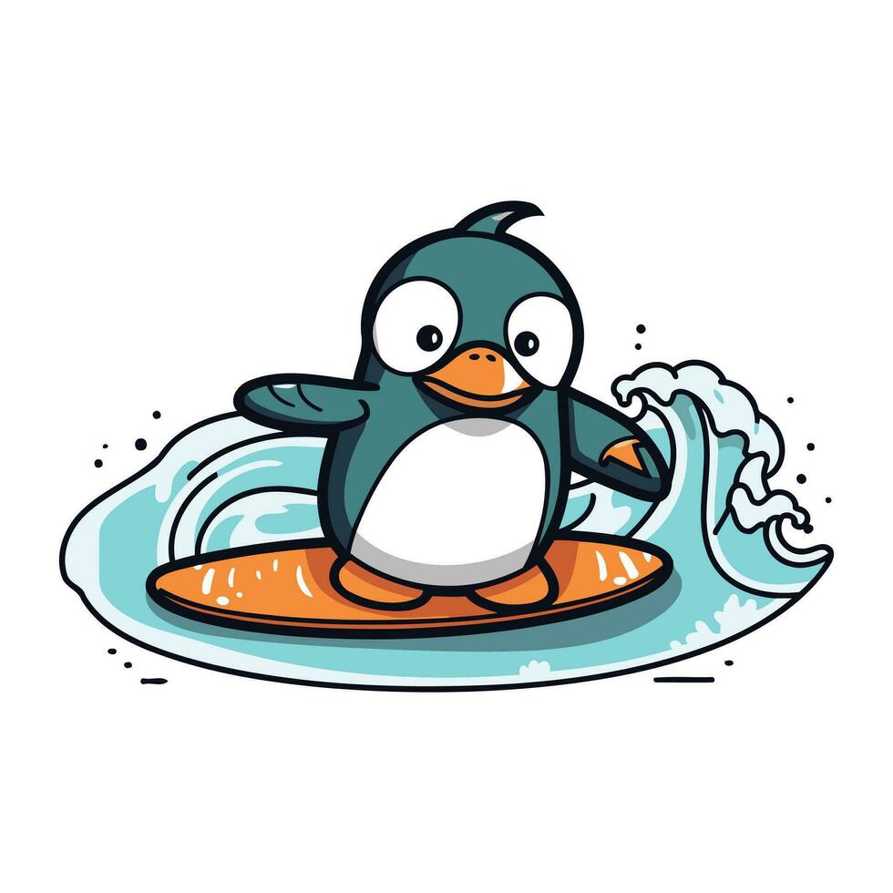 Cute penguin with surfboard. Vector illustration in cartoon style.