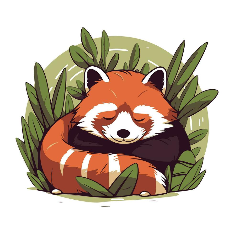 Cute red panda sleeping in the leaves. Vector illustration.