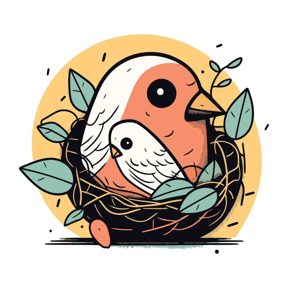 Vector illustration of a cute little bird in a nest with leaves.