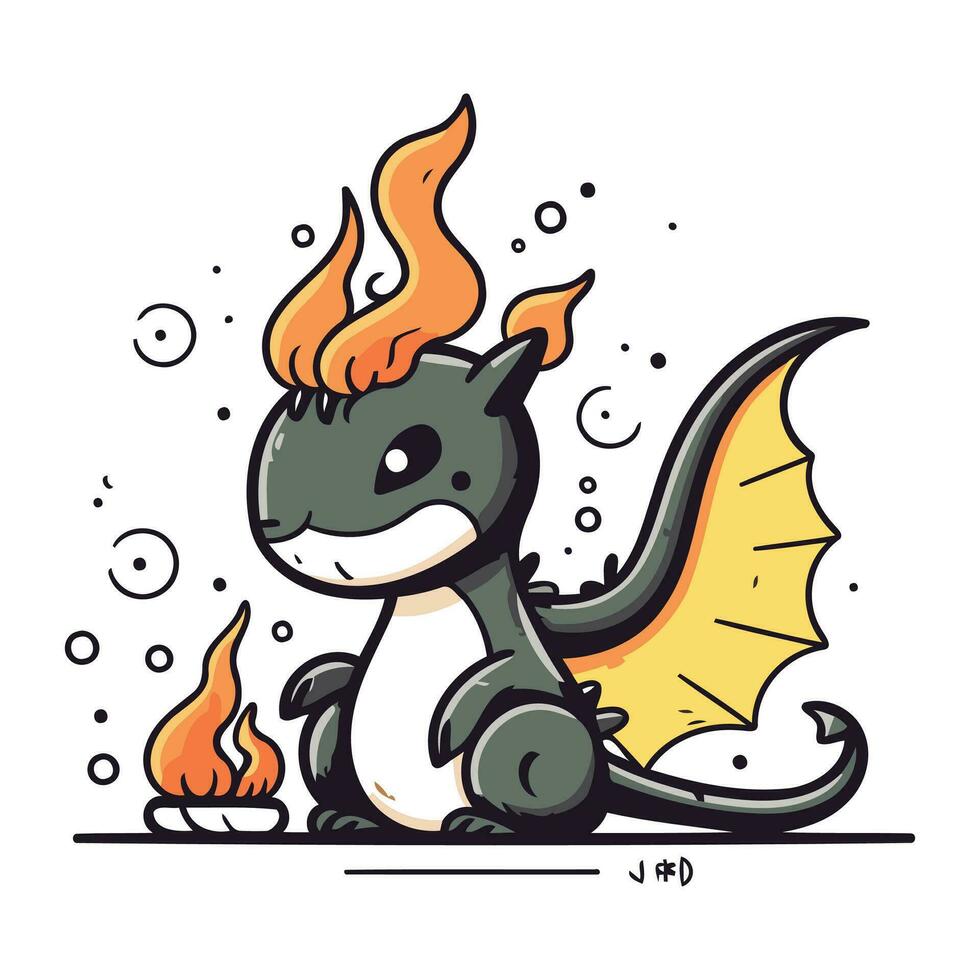 Dragon with fire. Vector illustration. Cute cartoon character for children.