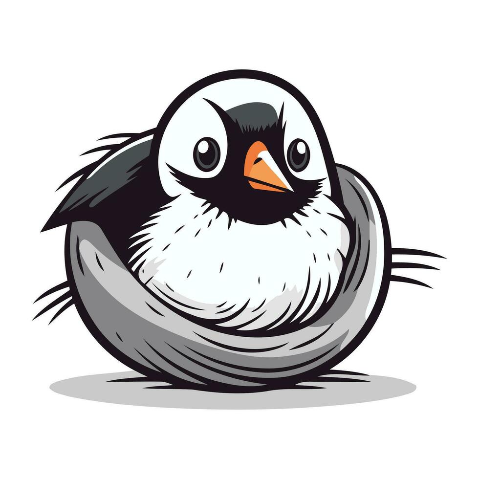 Vector illustration of a cute cartoon penguin sitting in a nest.