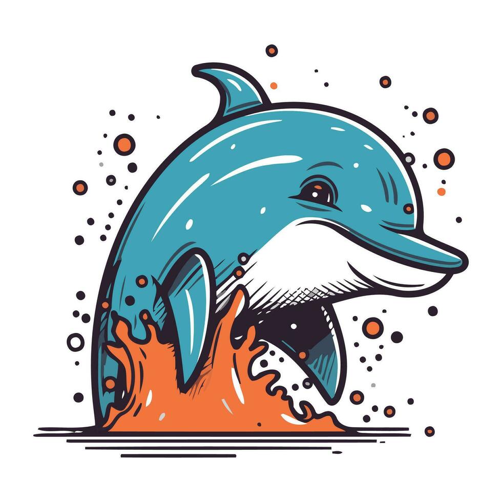 Cute cartoon dolphin jumping out of the water. Vector illustration.