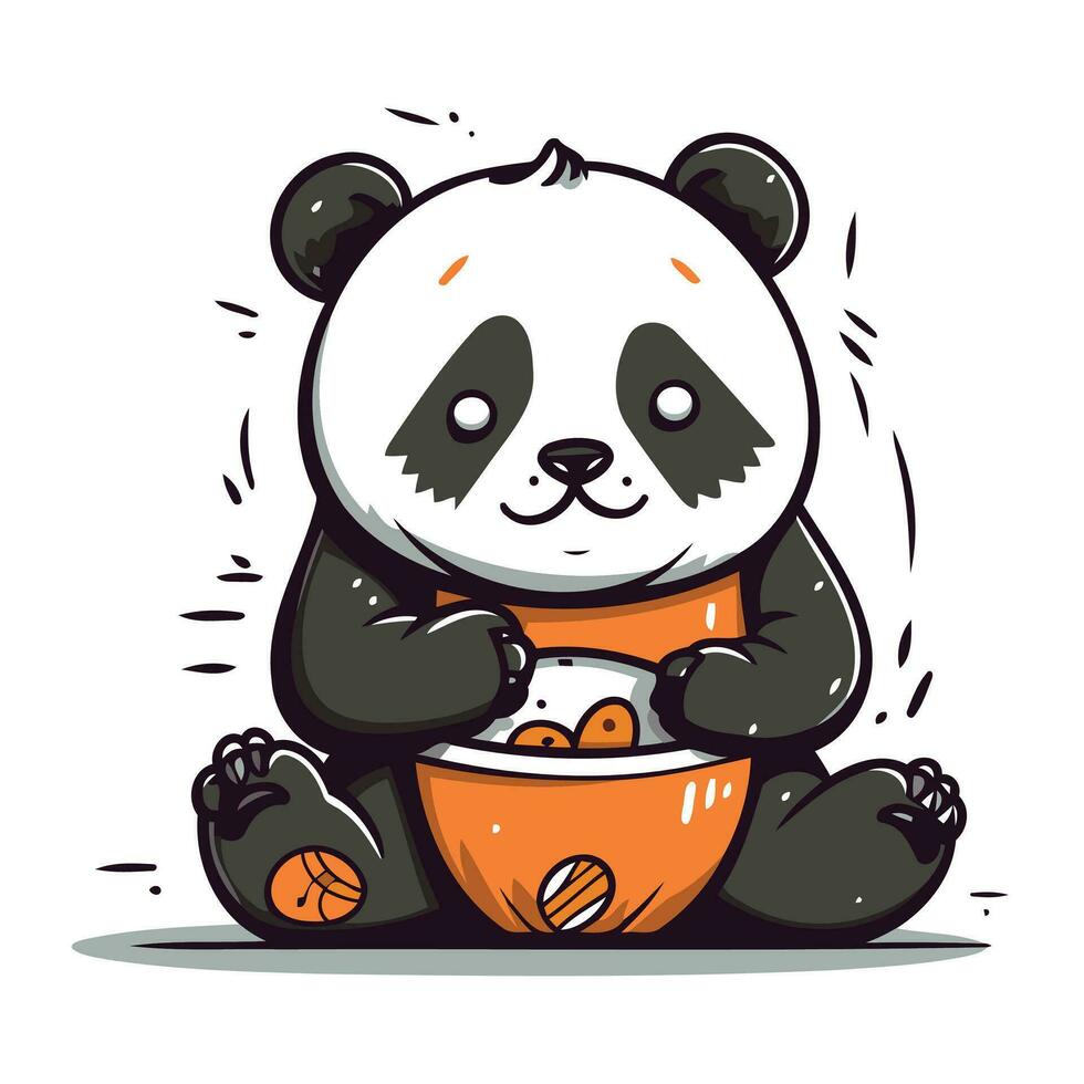 linda panda oso sentado con un cuenco de alimento. vector ilustración.