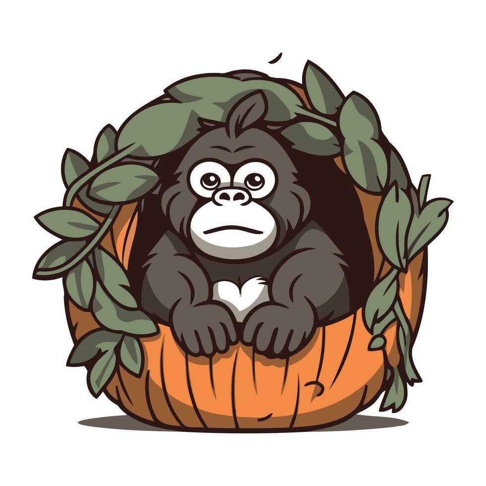 Gorilla in a pumpkin with leaves. Vector cartoon illustration.