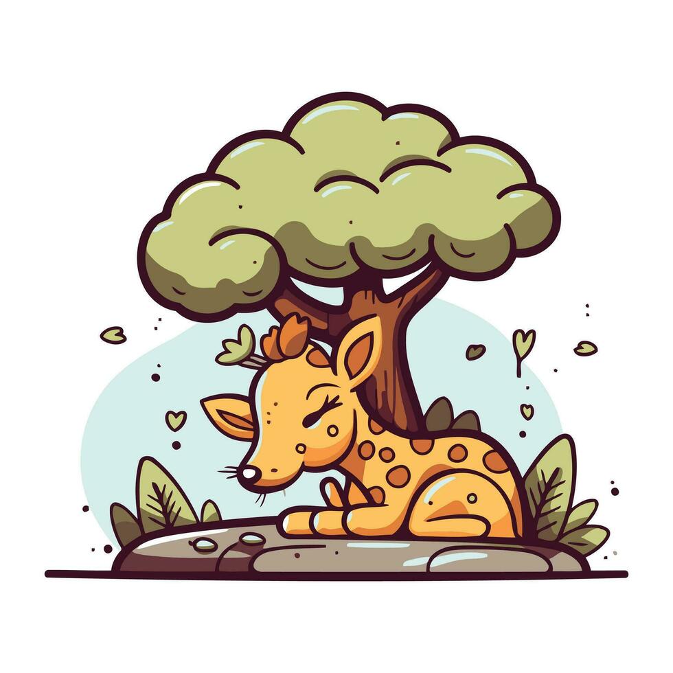 Cute giraffe sleeping under tree. Vector illustration in cartoon style.