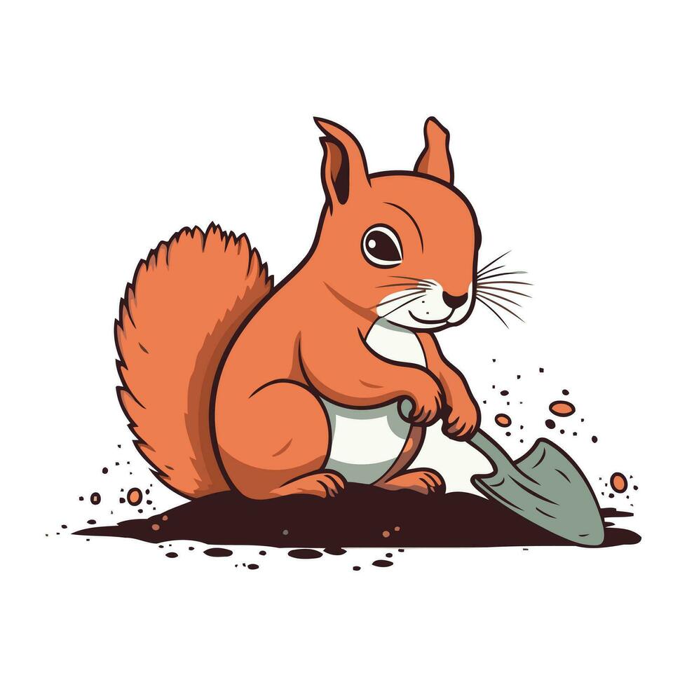 Squirrel with a shovel. Vector illustration on a white background.