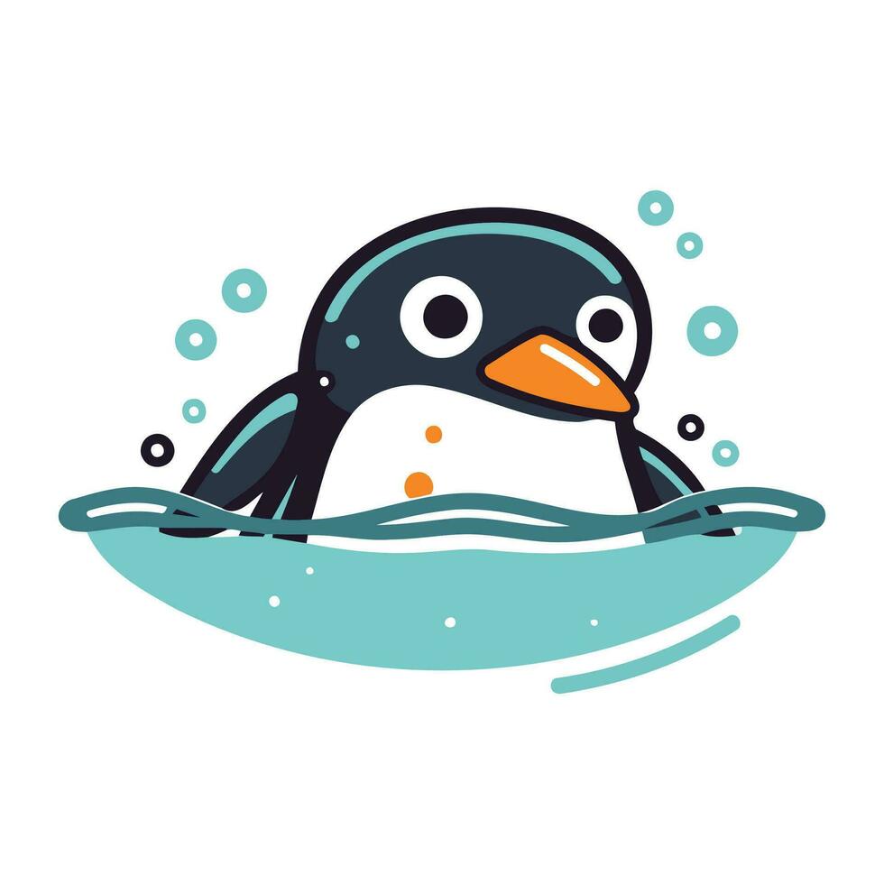 linda dibujos animados pingüino nadando en el mar. vector ilustración.