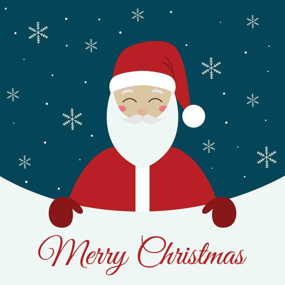 Merry Christmas greeting card design. Santa Claus with sign on snowy background. Vector illustration
