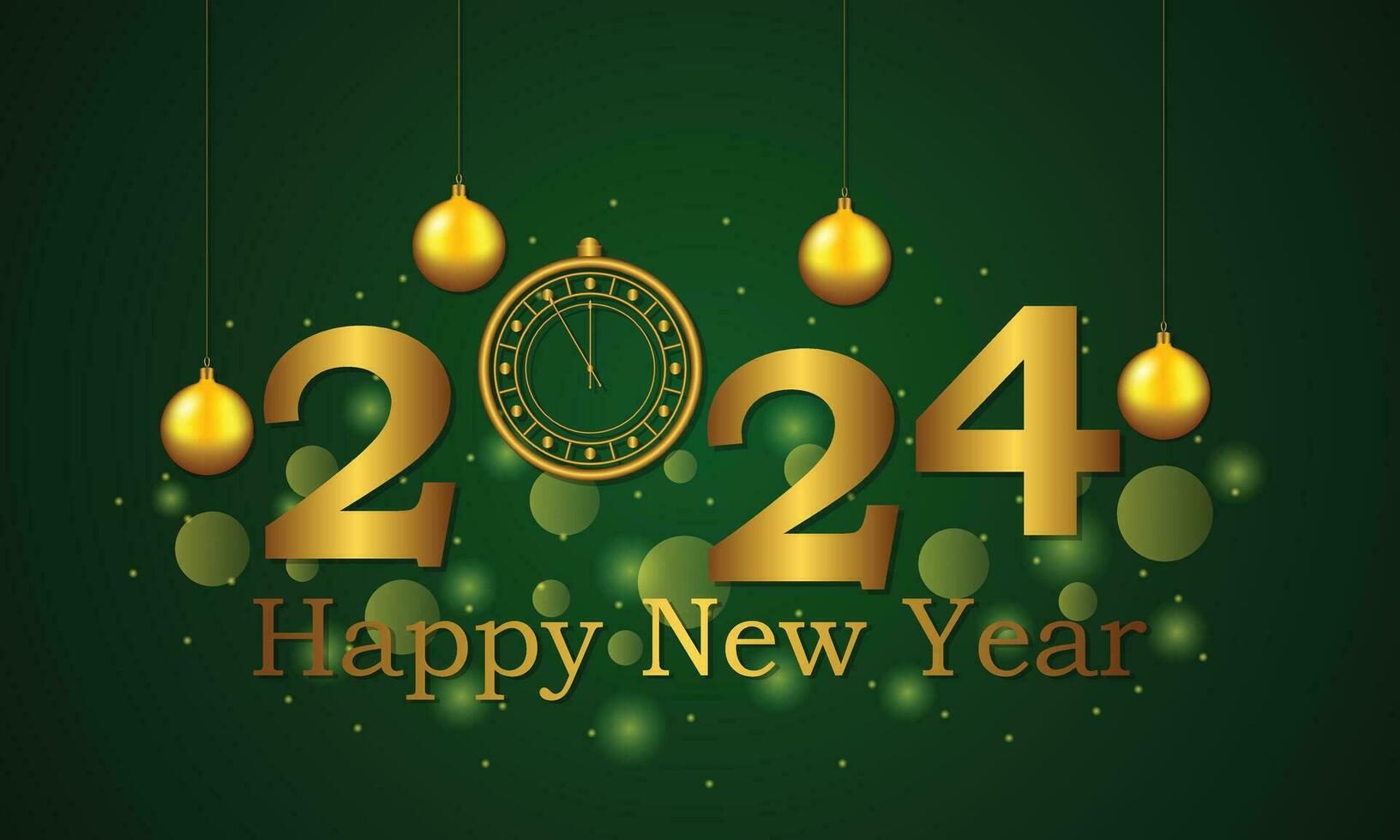 Happy New Year 2024. New Year Shining background with gold clock and glitter. Festive banner, greeting card. Vector illustration