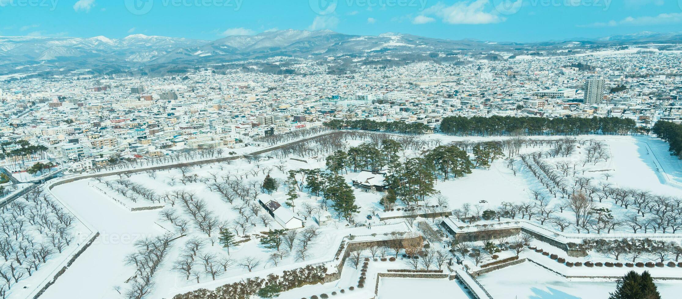 Beautiful landscape and cityscape from Goryokaku Tower with Snow in winter season. landmark and popular for attractions in Hokkaido, Japan.Travel and Vacation concept photo