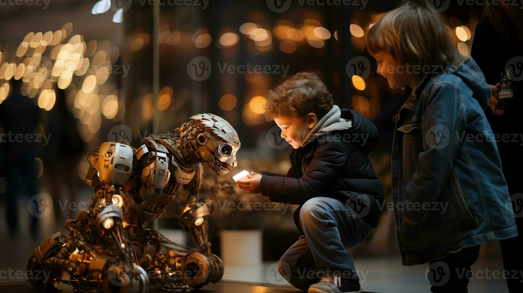 Two little children, boy and girl, playing with robot models in the night city. STEM education concept. photo
