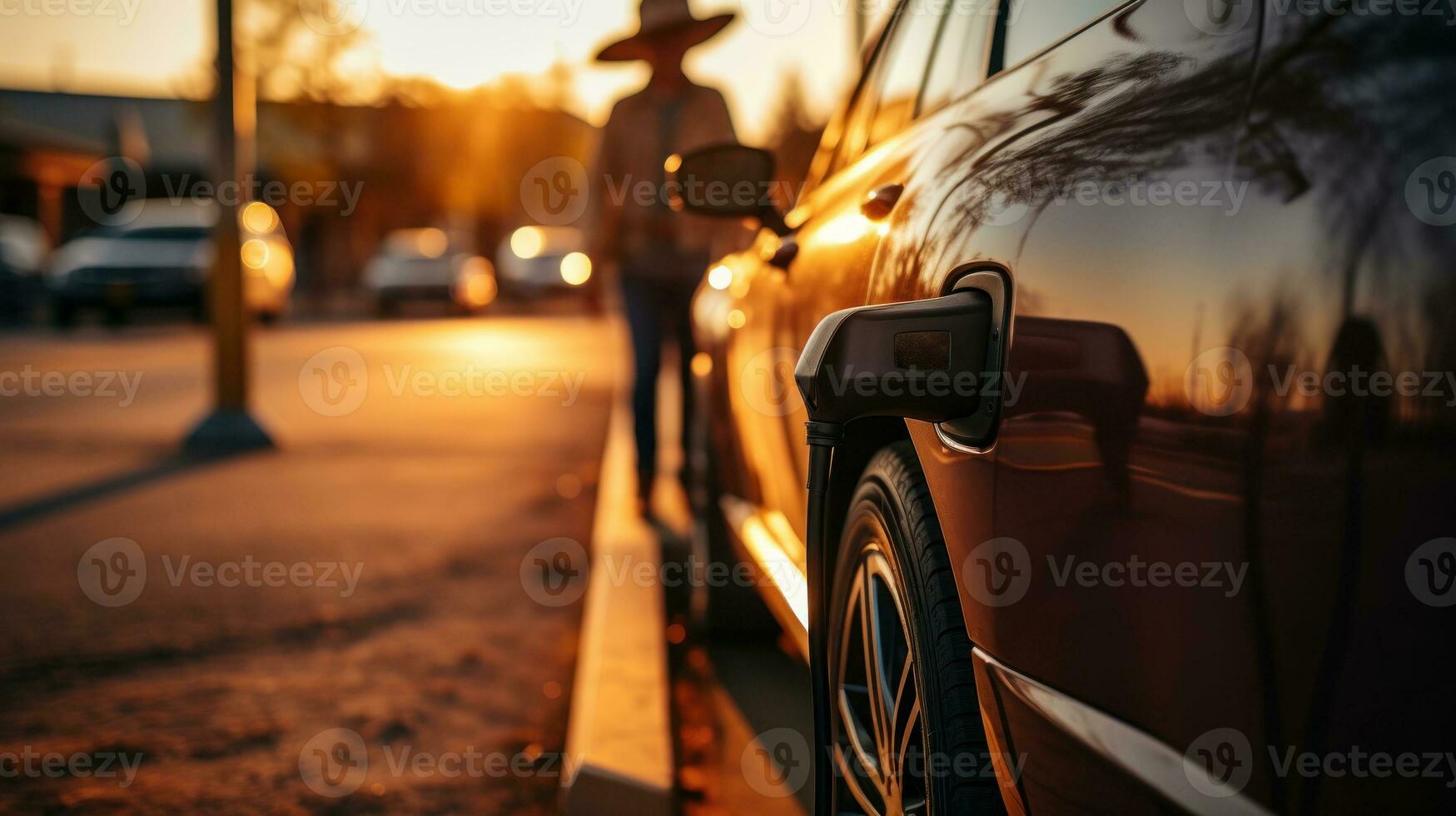 Parking in the city at sunset in Texas. Woman in hat charging electro car at the electric gas station. photo