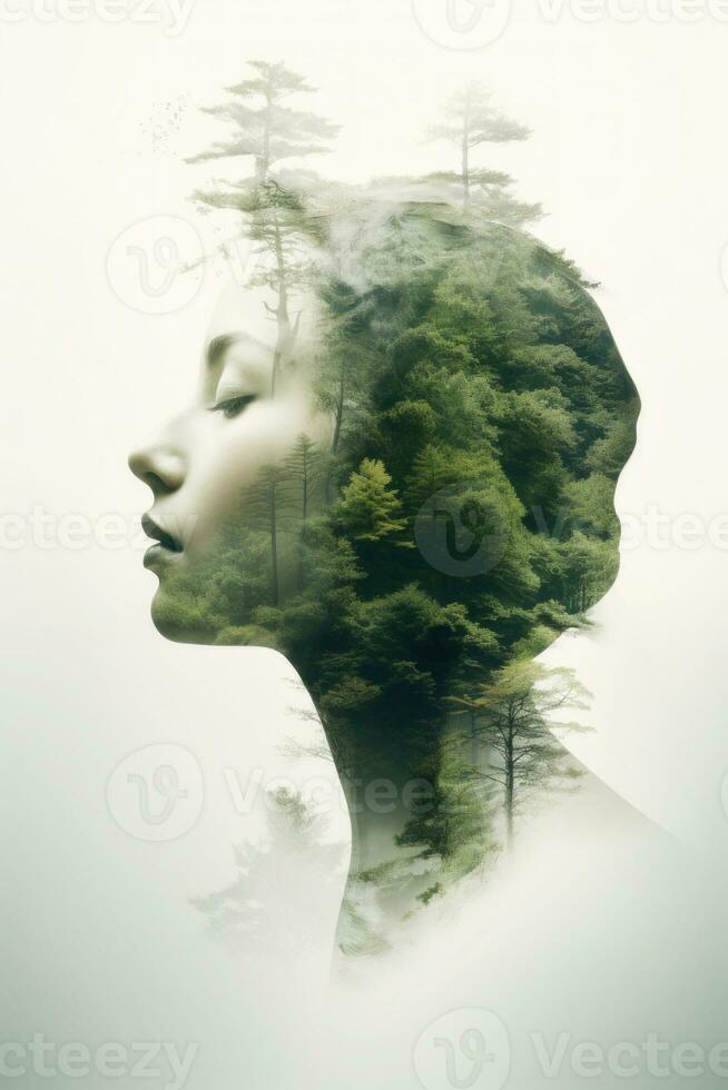 Double exposure portrait with woman and green forest. Generative AI photo