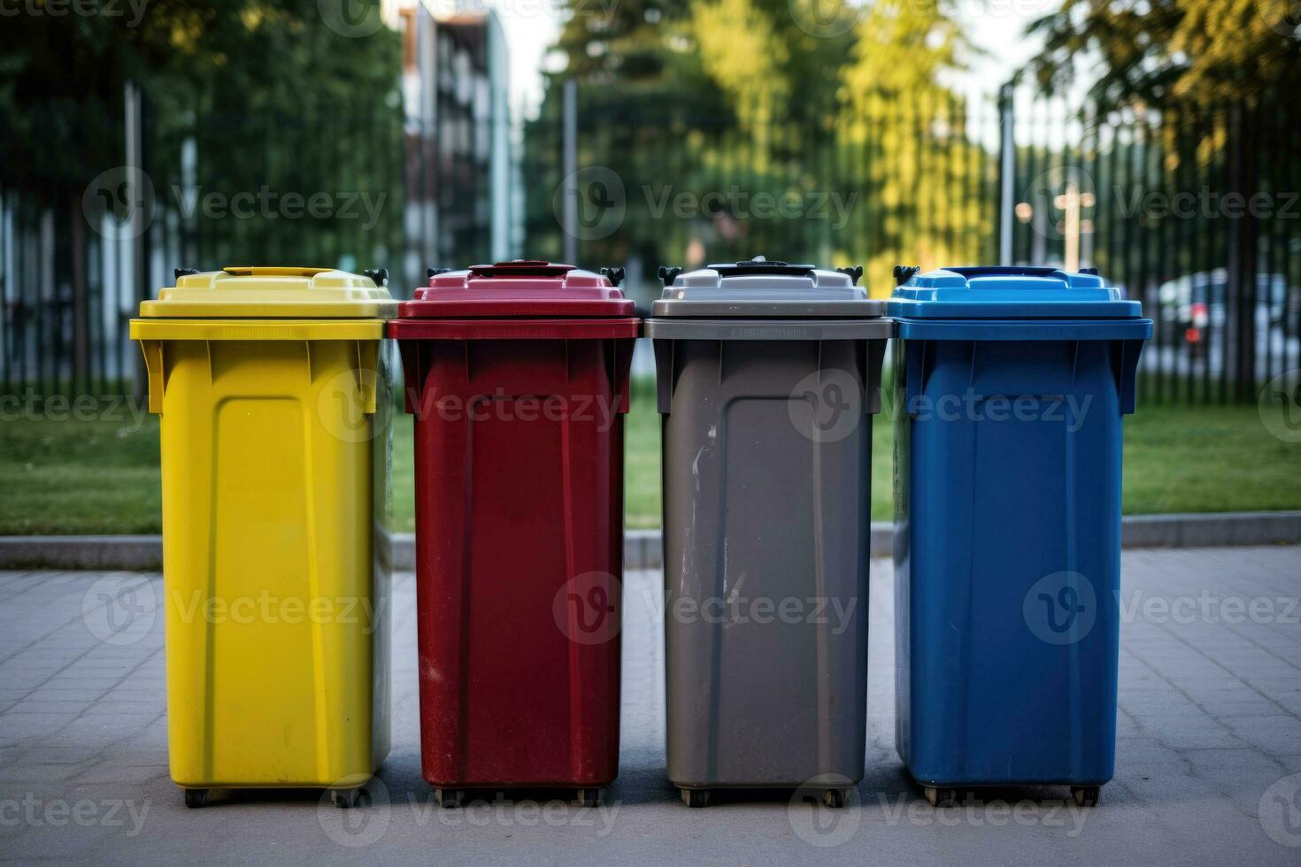 Colored garbage cans for sorting garbage. Generative AI photo