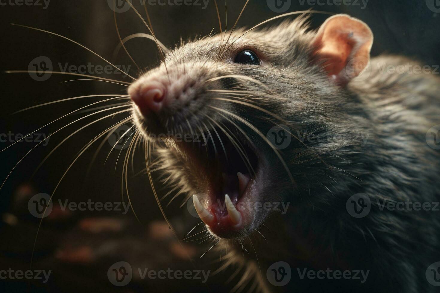 Aggressive rat on dark background. Generative AI photo