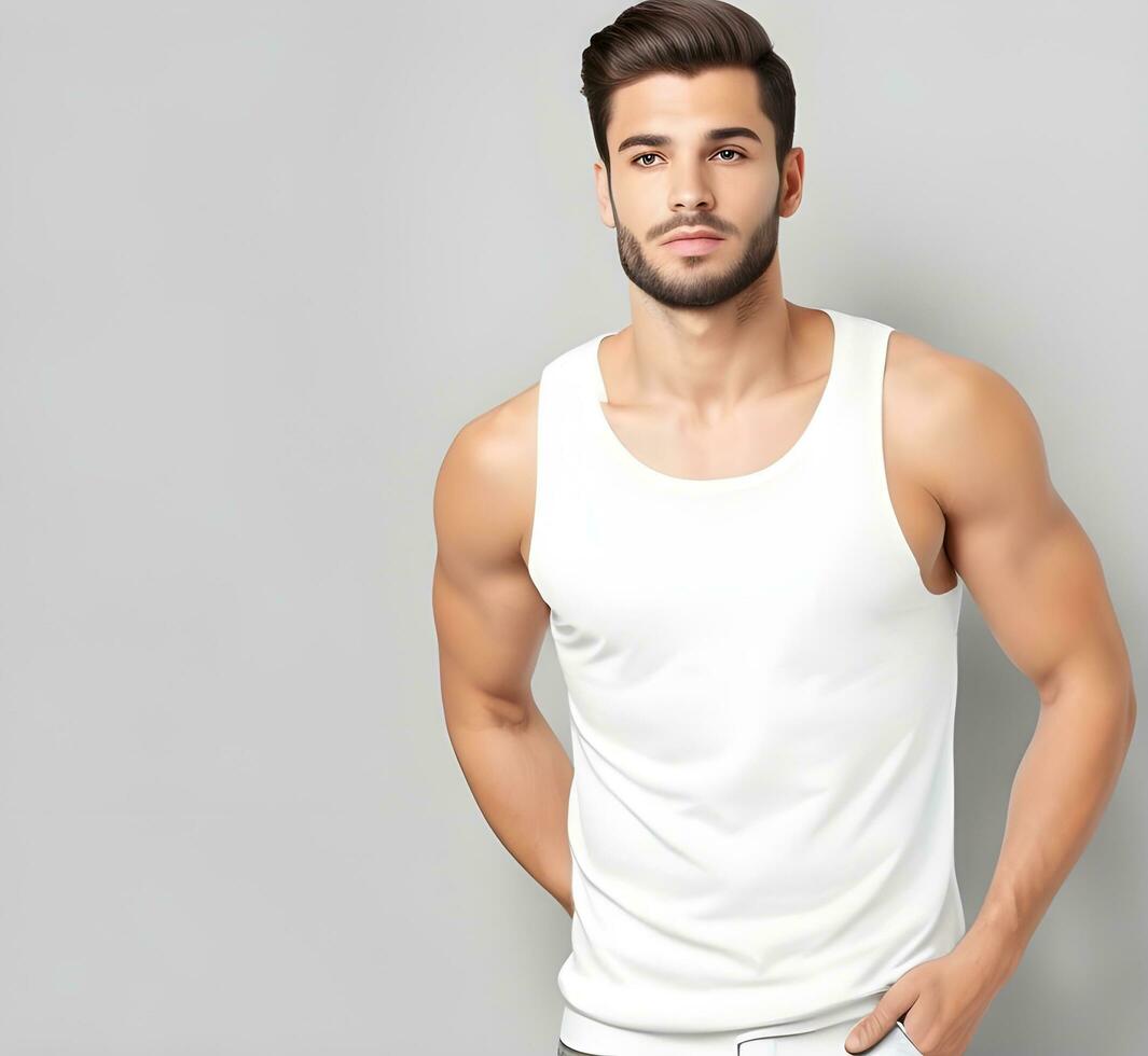 Young man wearing blank white tank top mockup print presentation mockup ai generate photo