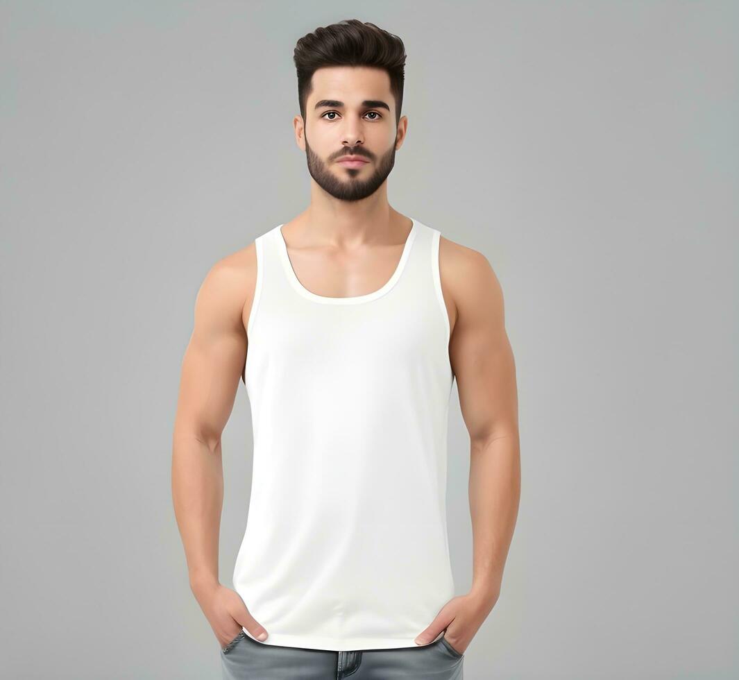 Young man wearing blank white tank top mockup print presentation mockup ai generate photo