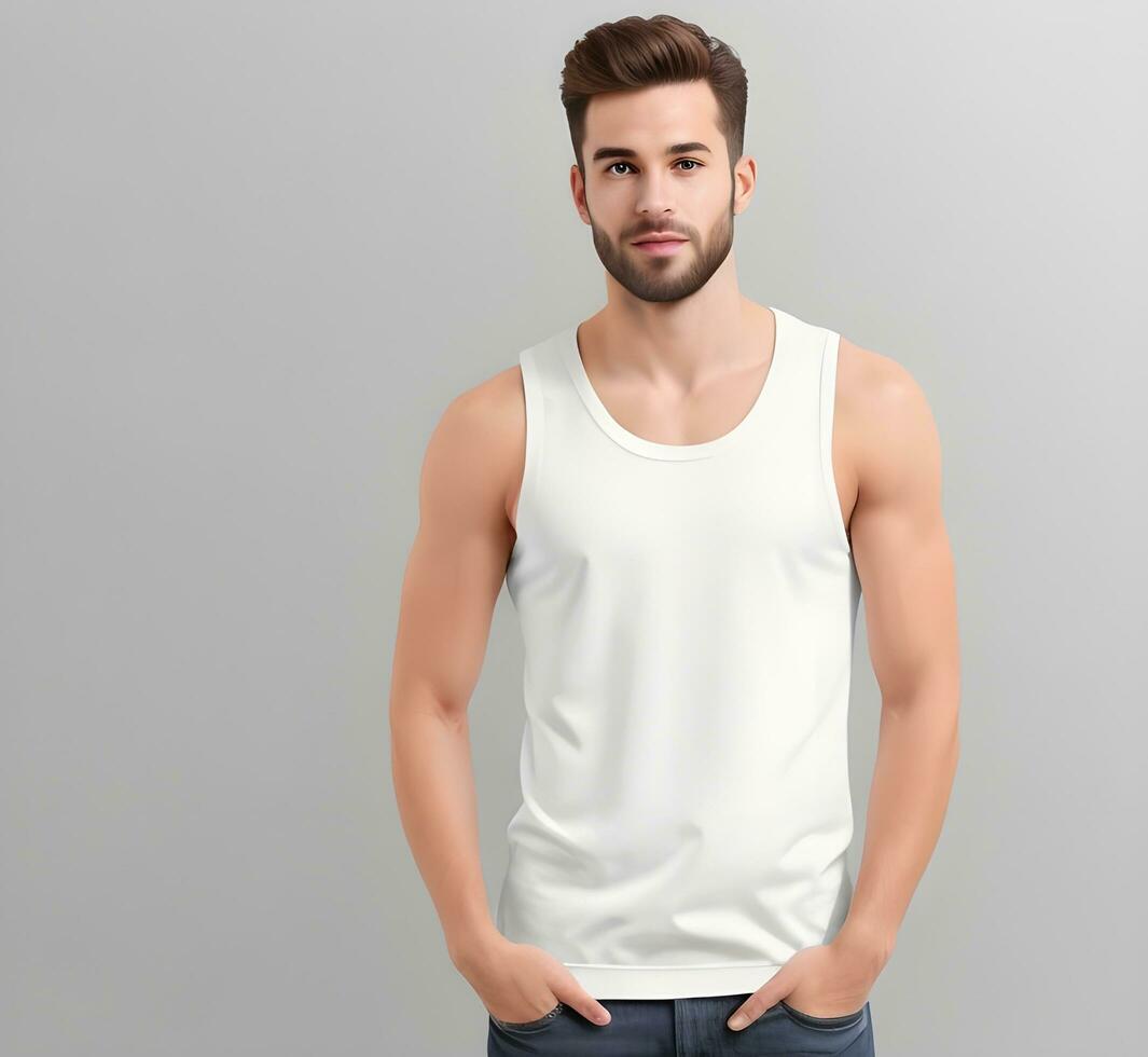 Young man wearing blank white tank top mockup print presentation mockup ai generate photo