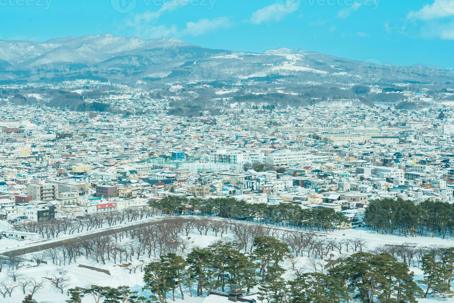 Beautiful landscape and cityscape from Goryokaku Tower with Snow in winter season. landmark and popular for attractions in Hokkaido, Japan.Travel and Vacation concept photo