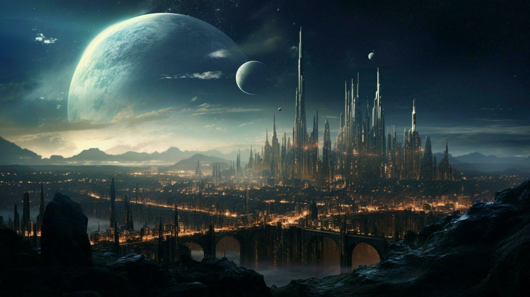 a city with a planet in the middle photo