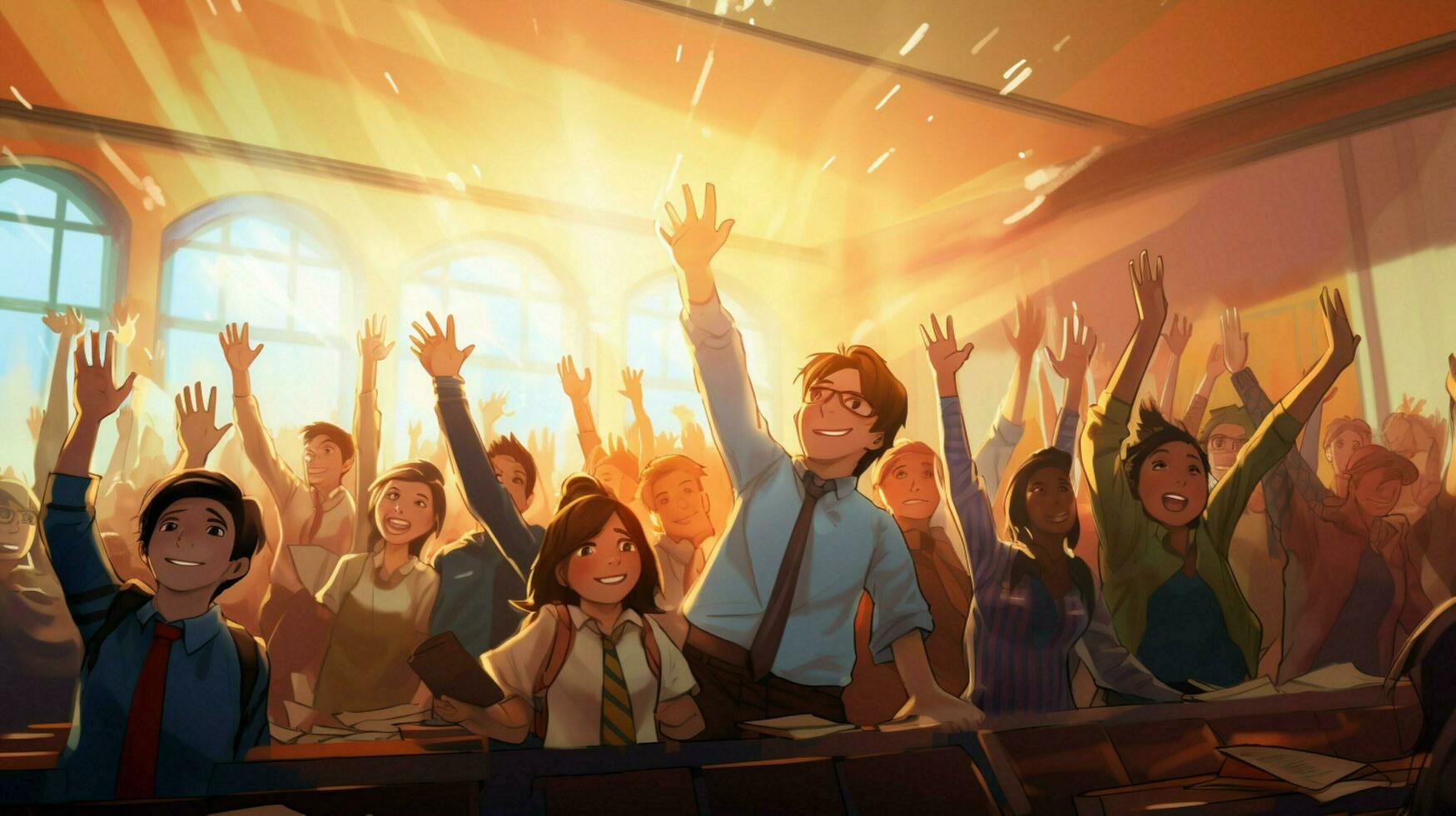 un salón de clases lleno de estudiantes con su manos arriba foto