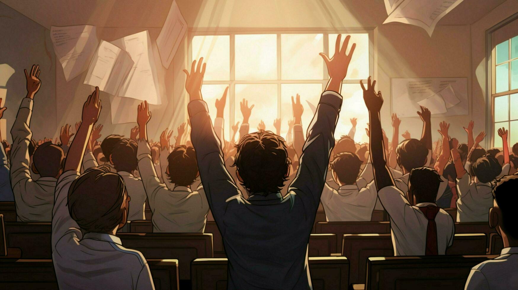 a classroom full of students with their hands up photo