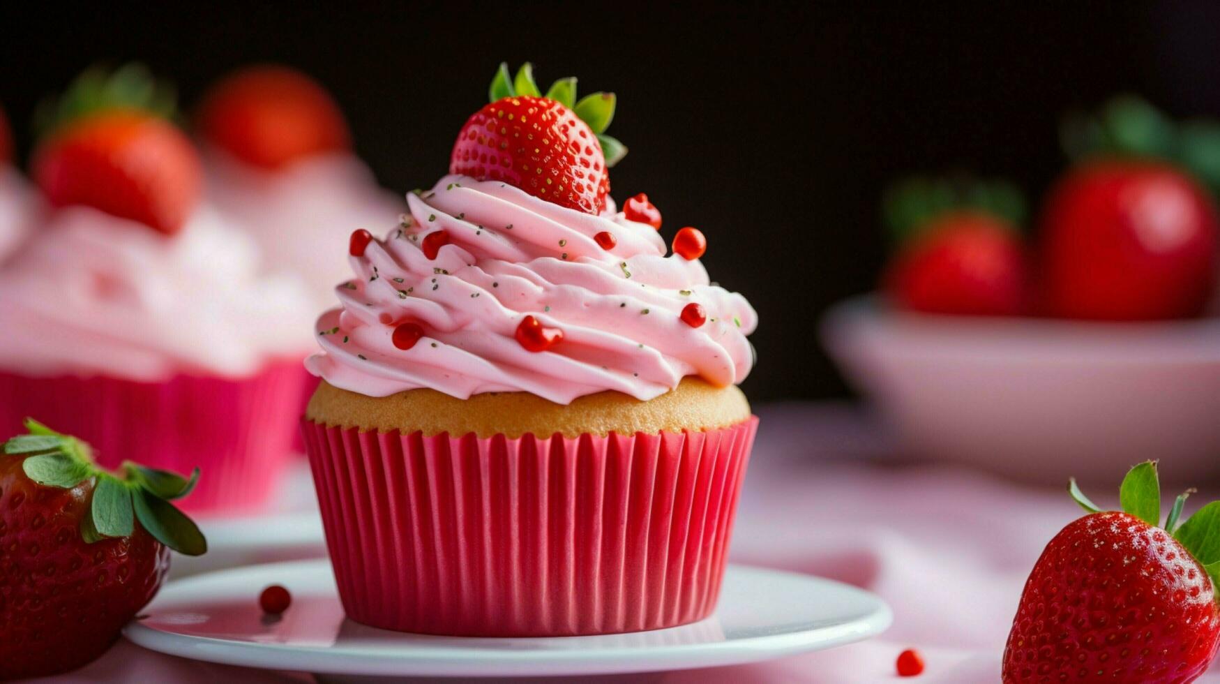 a colorful homemade cupcake with strawberry icing photo