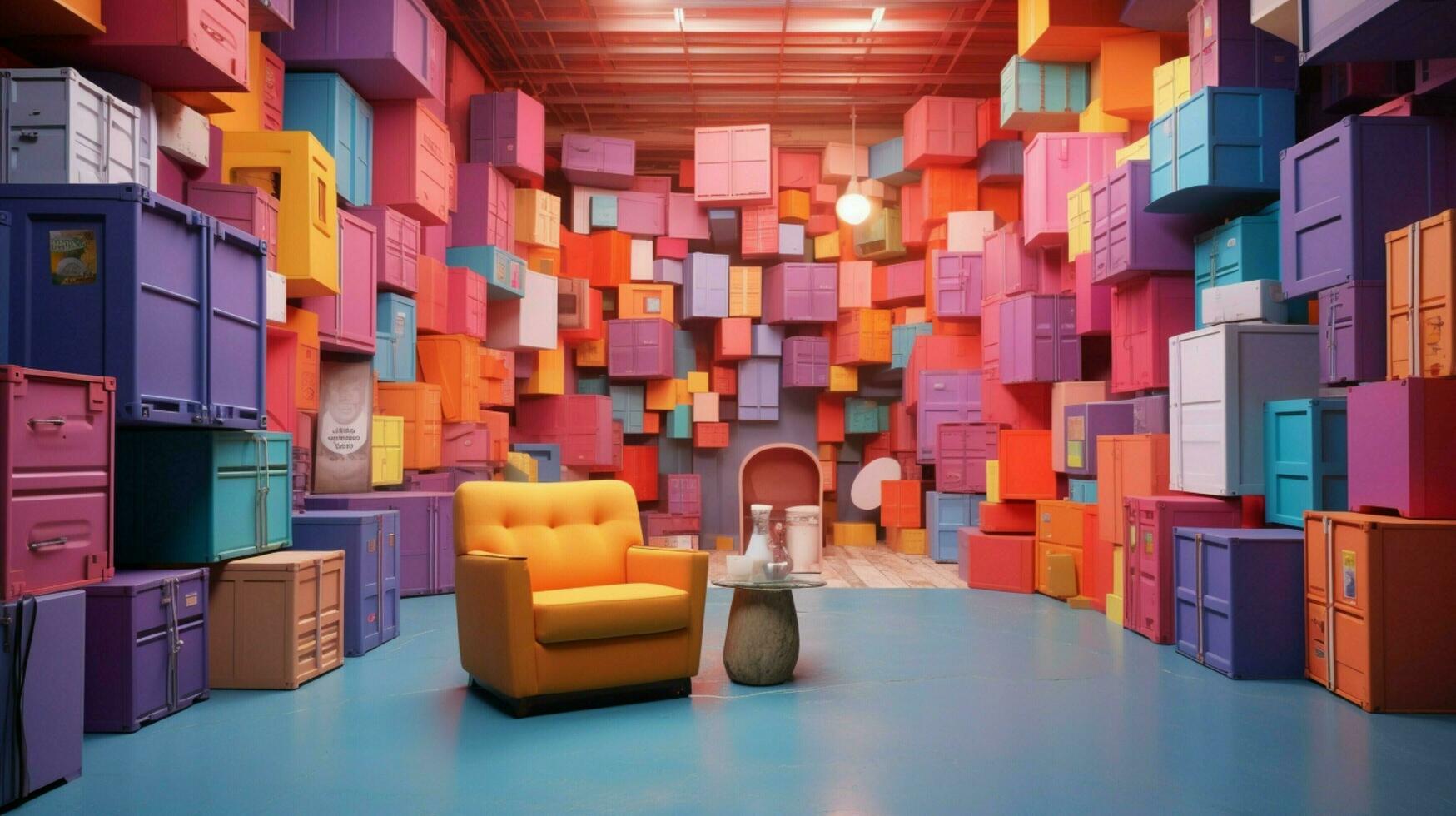 a colorful room with a bunch of boxes photo