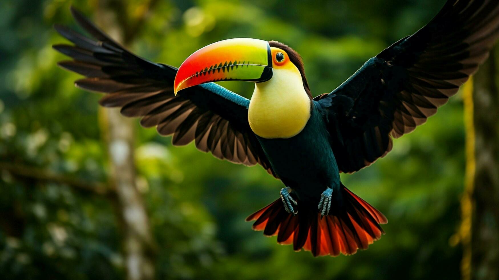 a colorful toucan flying in the tropical rainforest looking photo