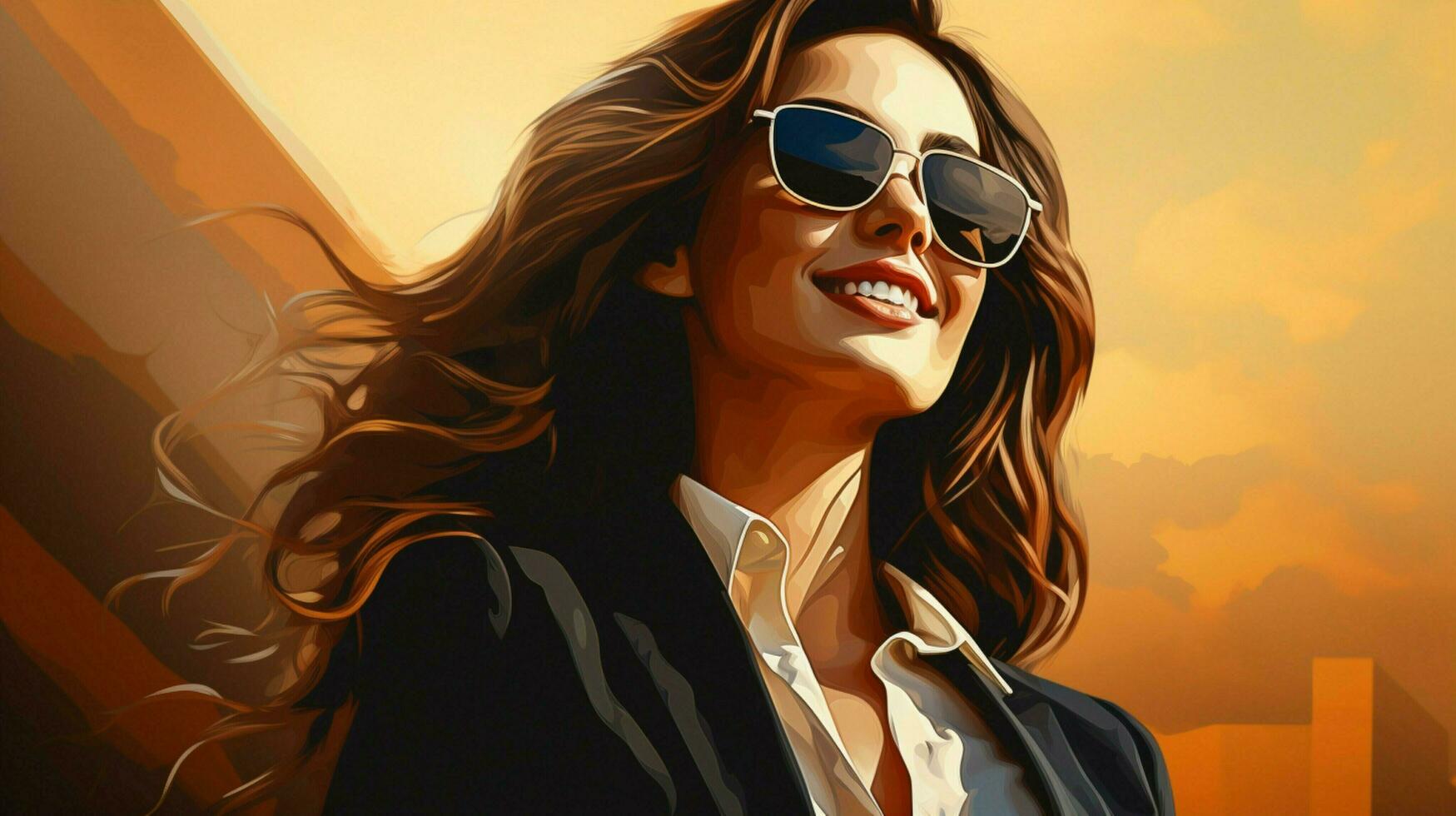 un confidente mujer de negocios en Gafas de sol sonriente elegancia foto