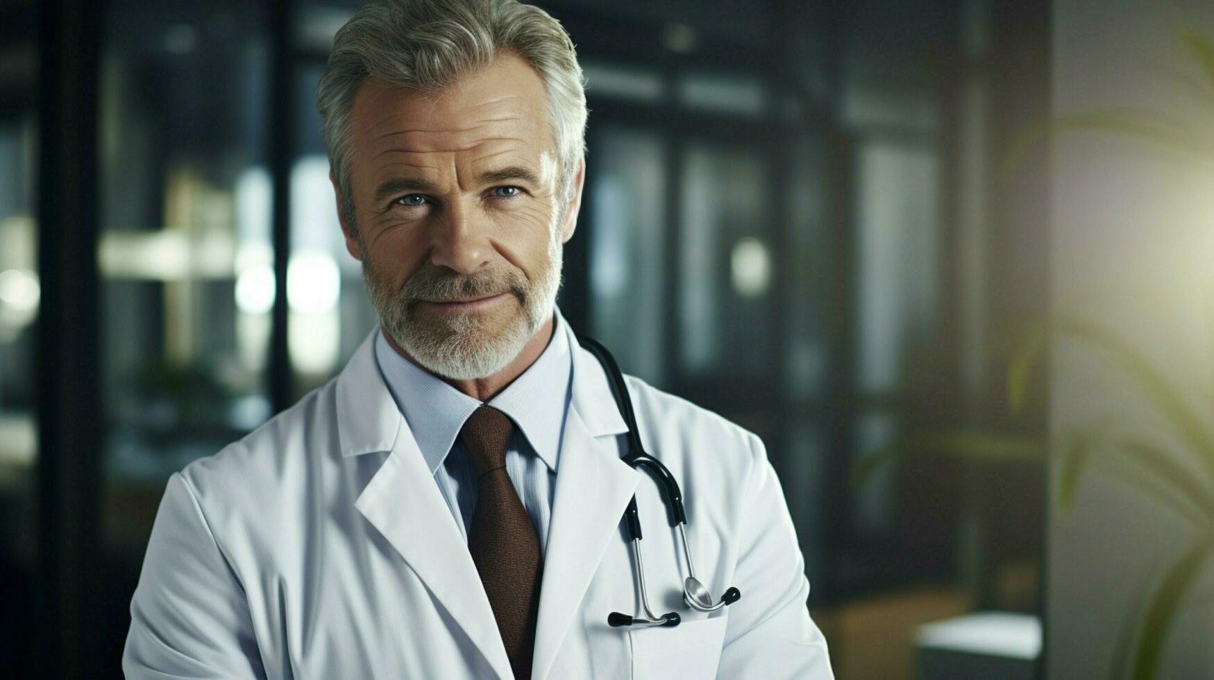a confident mature doctor in a white coat photo