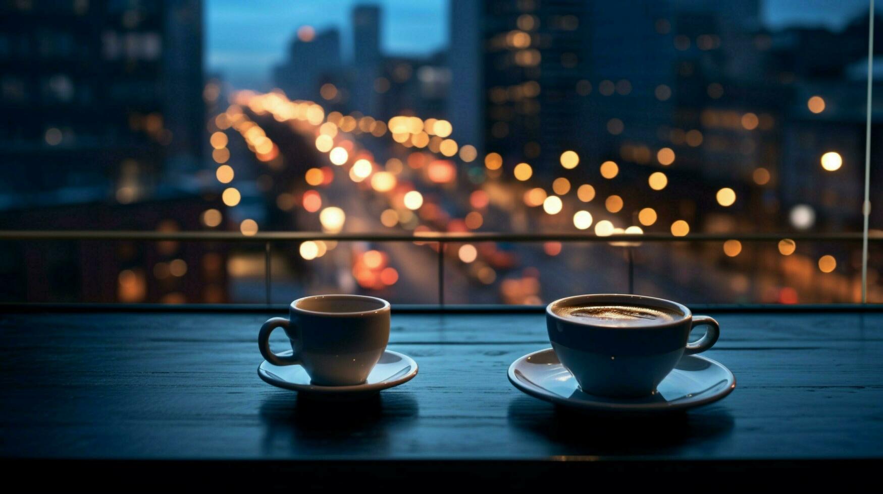 a cup of coffee on a table in front of a street photo