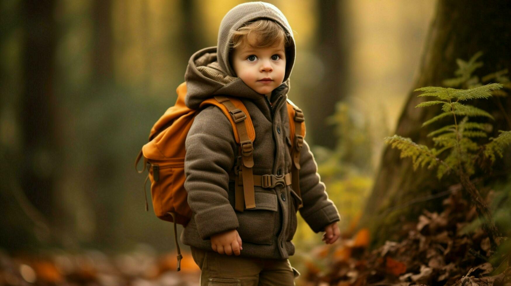 a cute caucasian boy exploring the forest in autumn photo