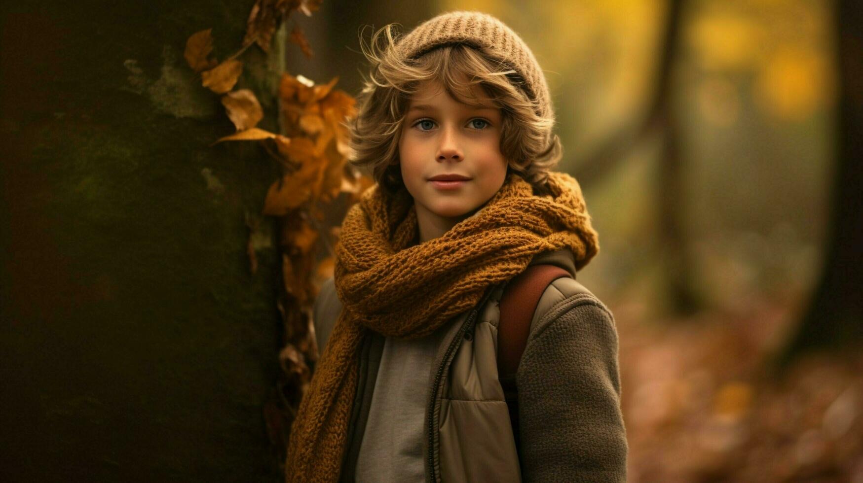 a cute caucasian boy exploring the forest in autumn photo