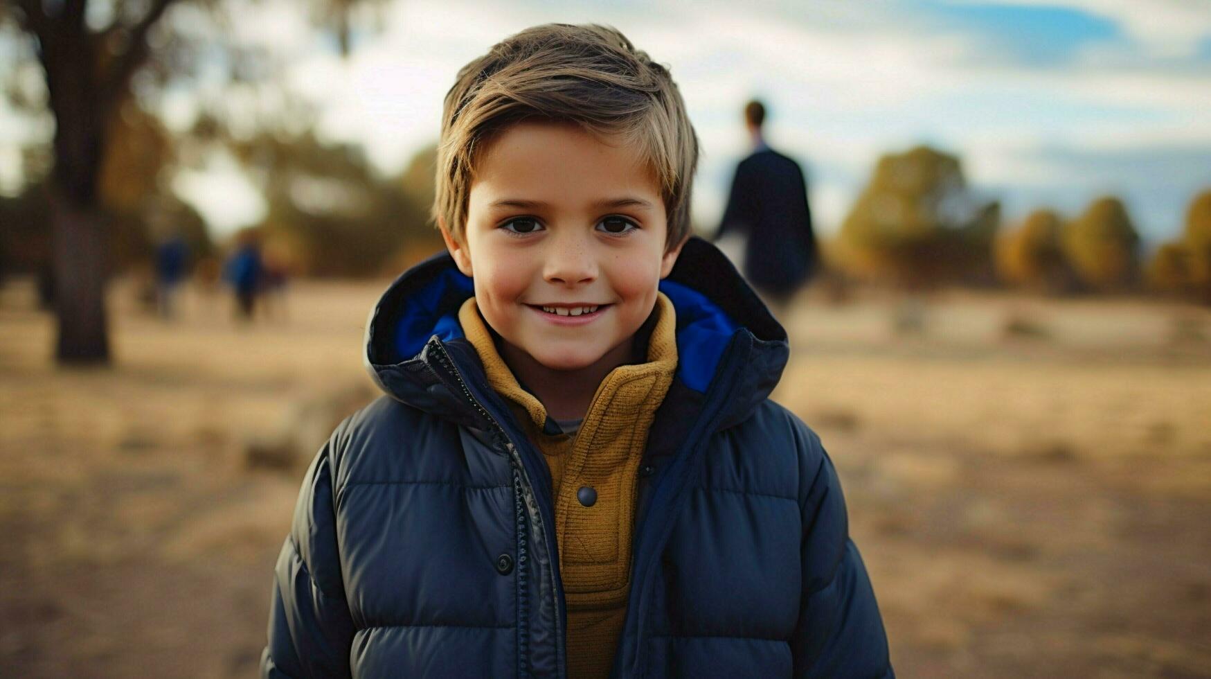 un linda caucásico niño sonriente al aire libre mirando a cámara foto