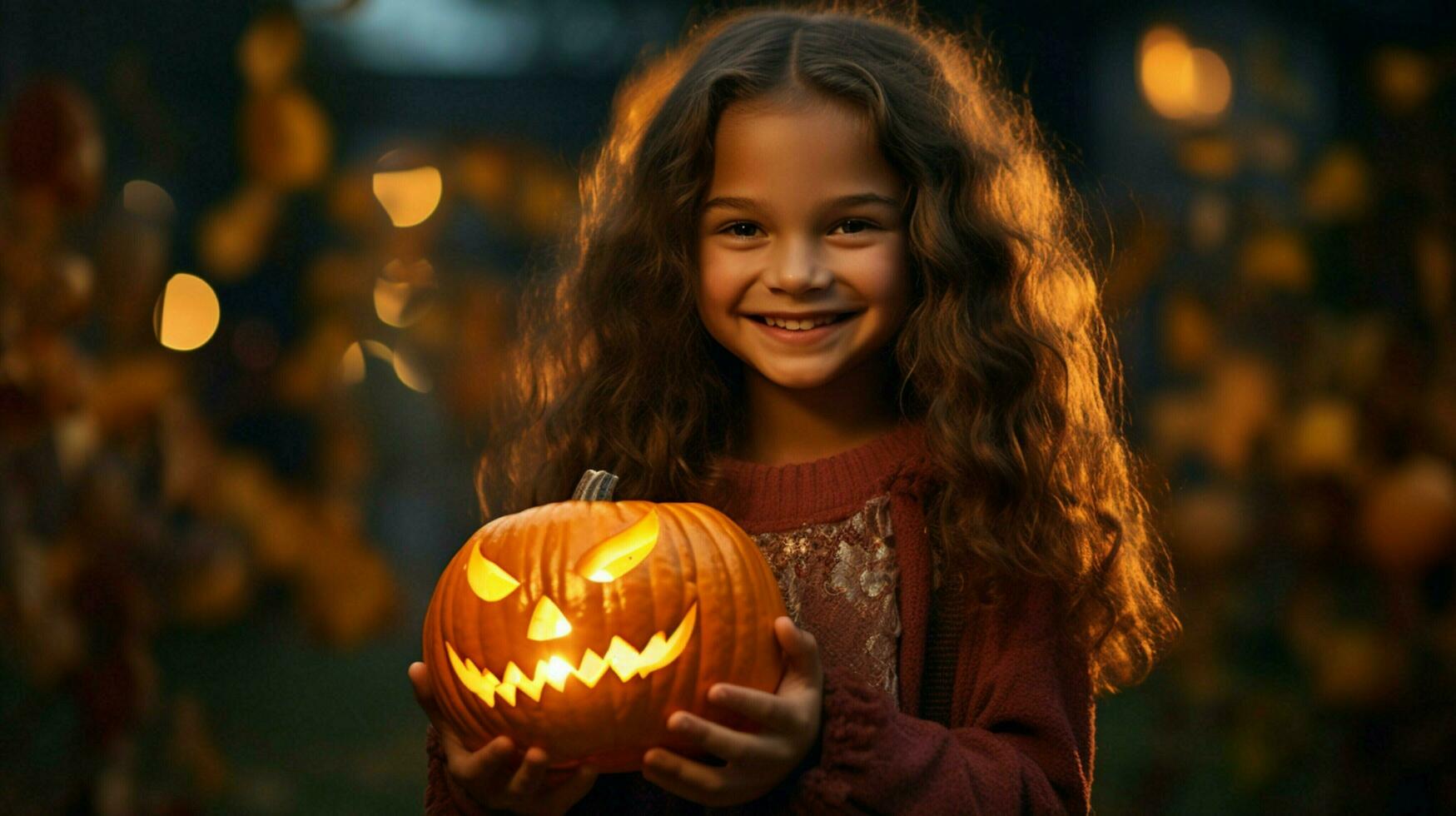 a cute caucasian girl holding a glowing pumpkin lantern photo