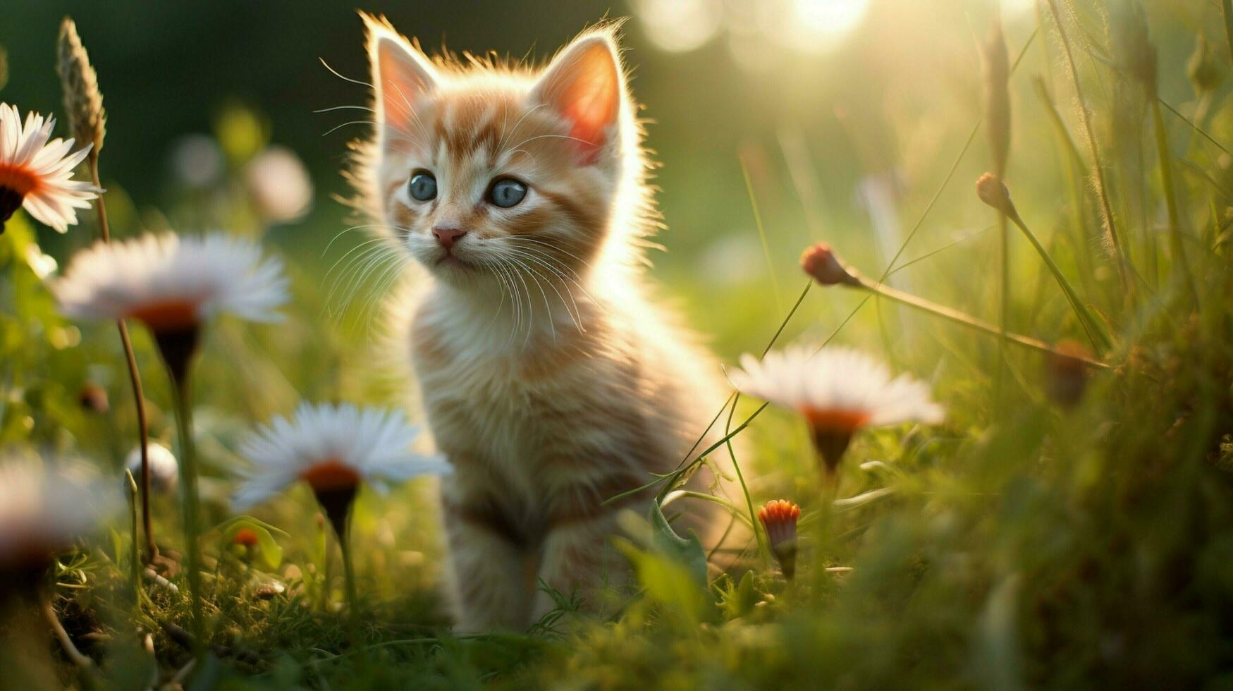 un linda gatito sentado en el césped mirando a un flor foto