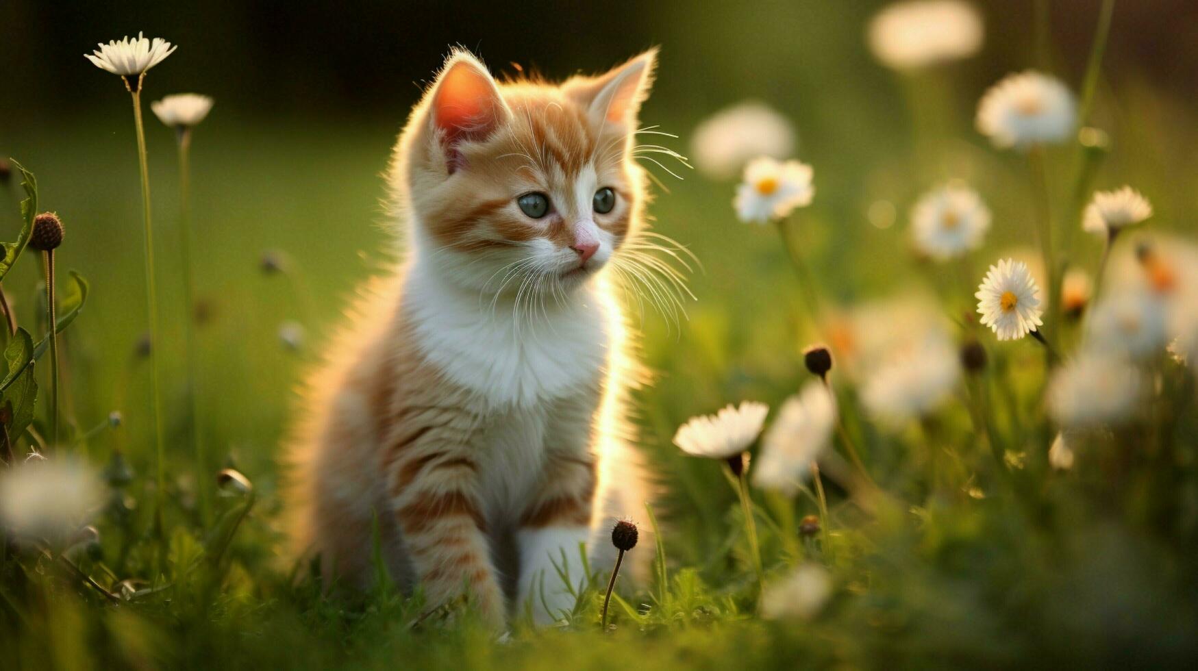 a cute kitten sitting in the grass looking at a flower photo