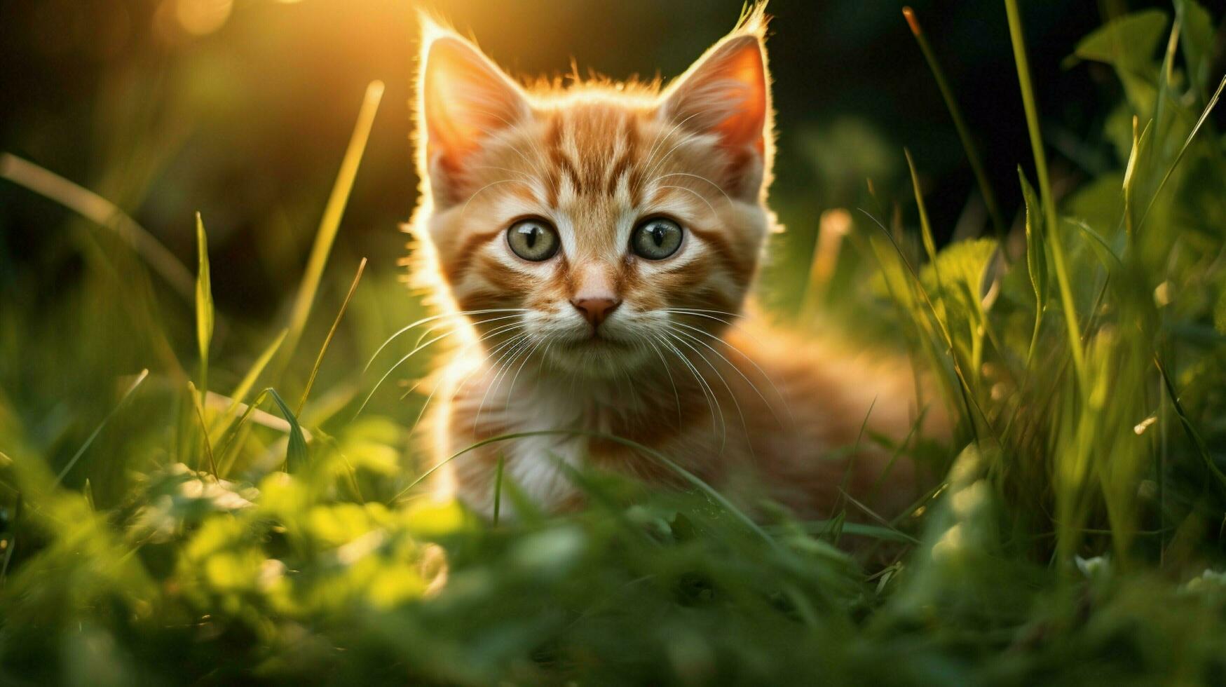 a cute kitten sitting in the grass staring playfully photo
